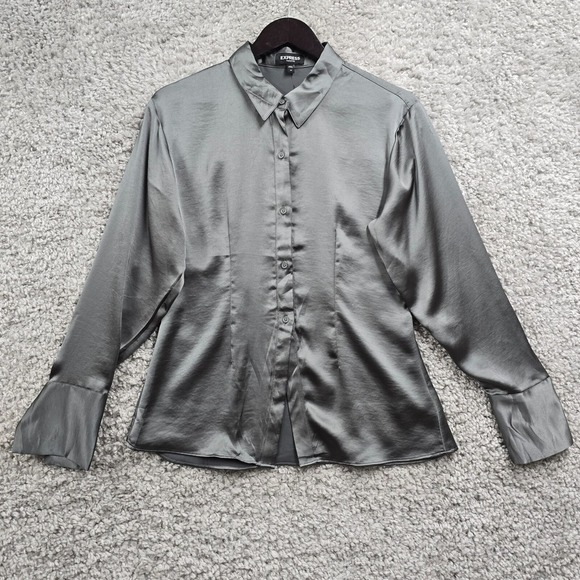 Express Portofino Shirt Womens‎ Medium Gray Satin Polyester Button Up Office - Picture 1 of 14